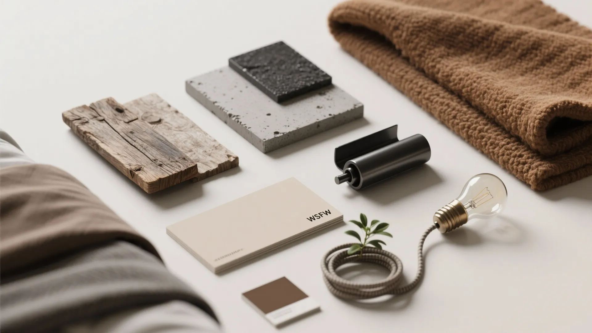 Interior design material board with wood samples stone tiles fabric swatches and light bulb decoration