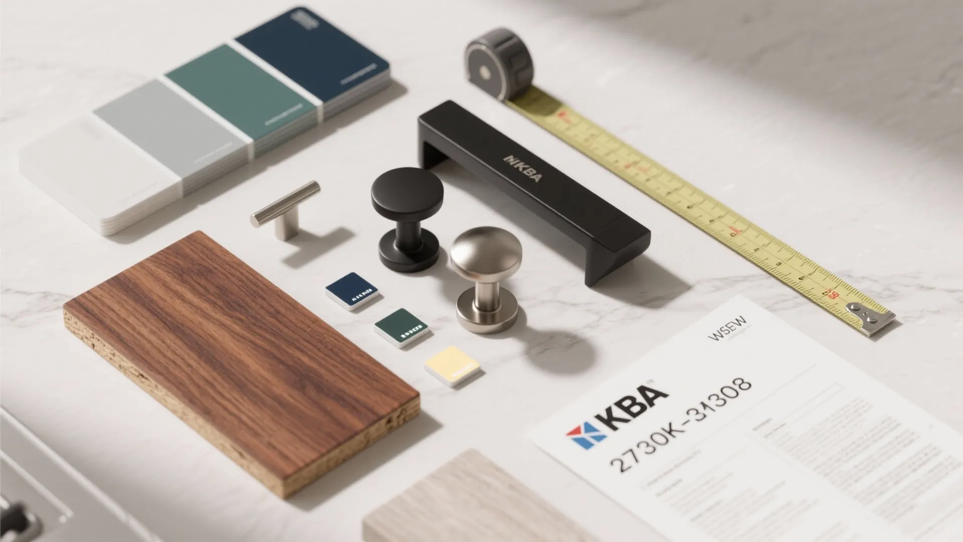 Interior design mood board with wood samples color swatches tape measure and various cabinet handles