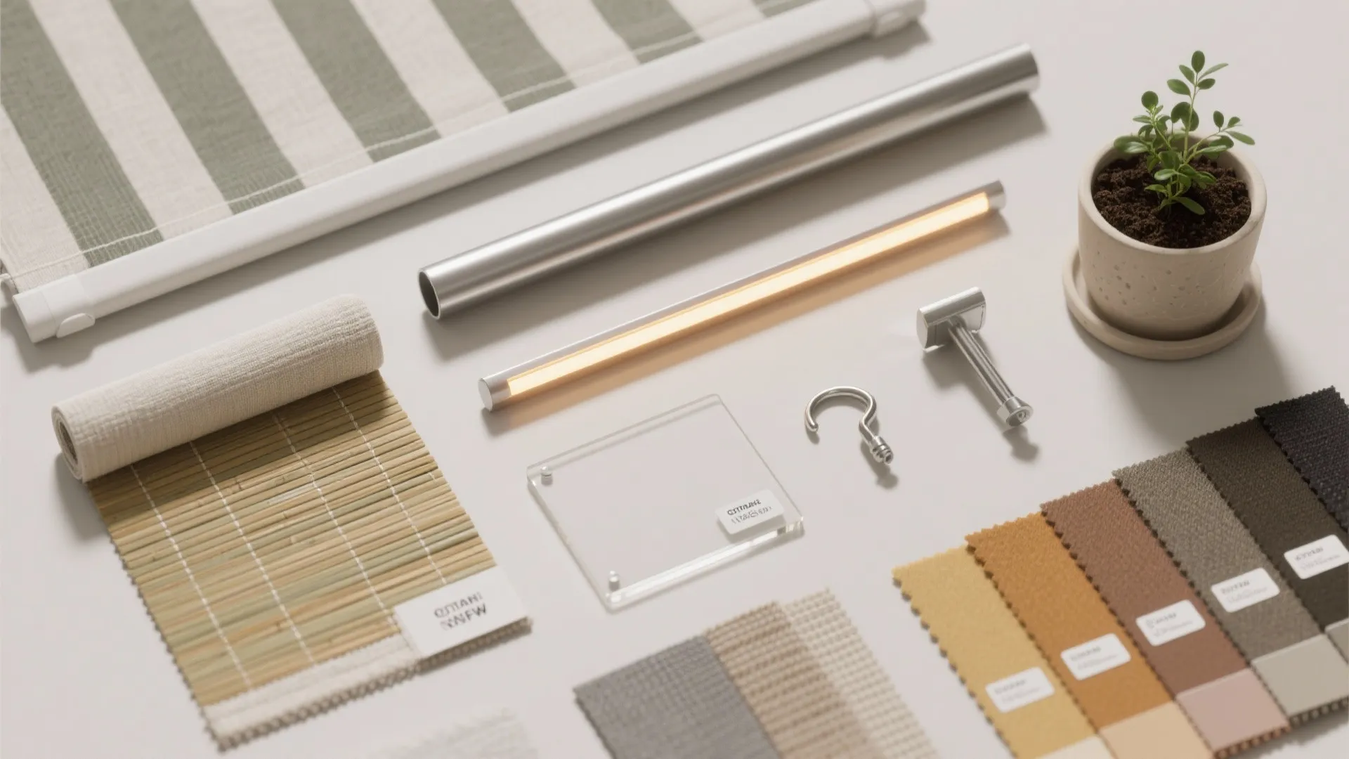 Selection of interior design materials including fabric swatches, bamboo mat, light fixture, and small plant