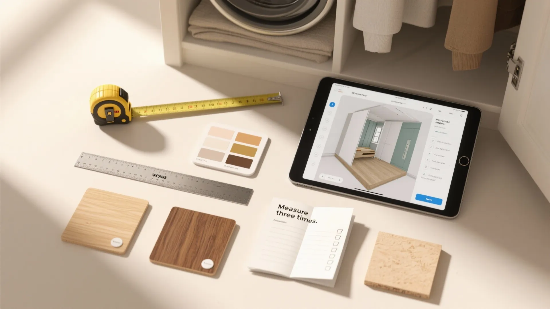 Top-down flatlay of tape measure, tablet with a 3D mock-up, paint and wood samples, and a measuring checklist for planning a laundry closet.