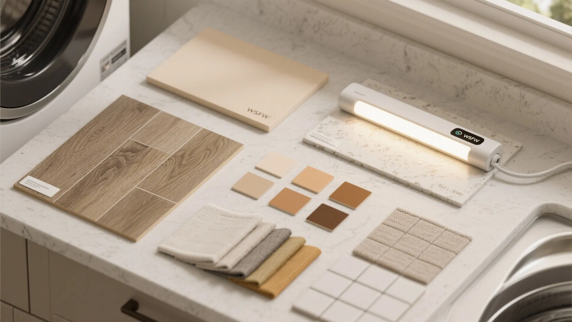 Interior design materials selection including wood tiles fabric samples color swatches and small light fixture