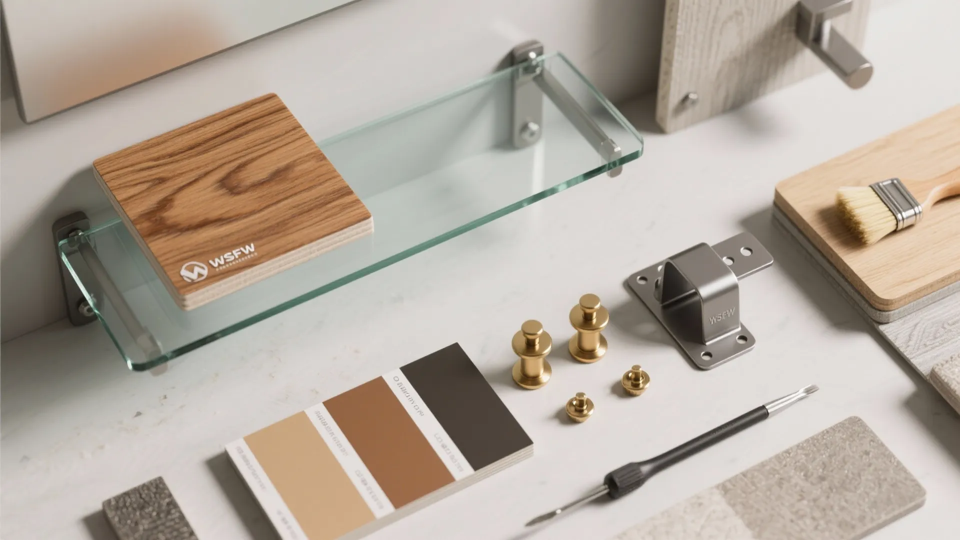 Top-down flatlay of waterproof plywood, tempered glass, powder-coated metal brackets and brass hardware for bathroom shelves.