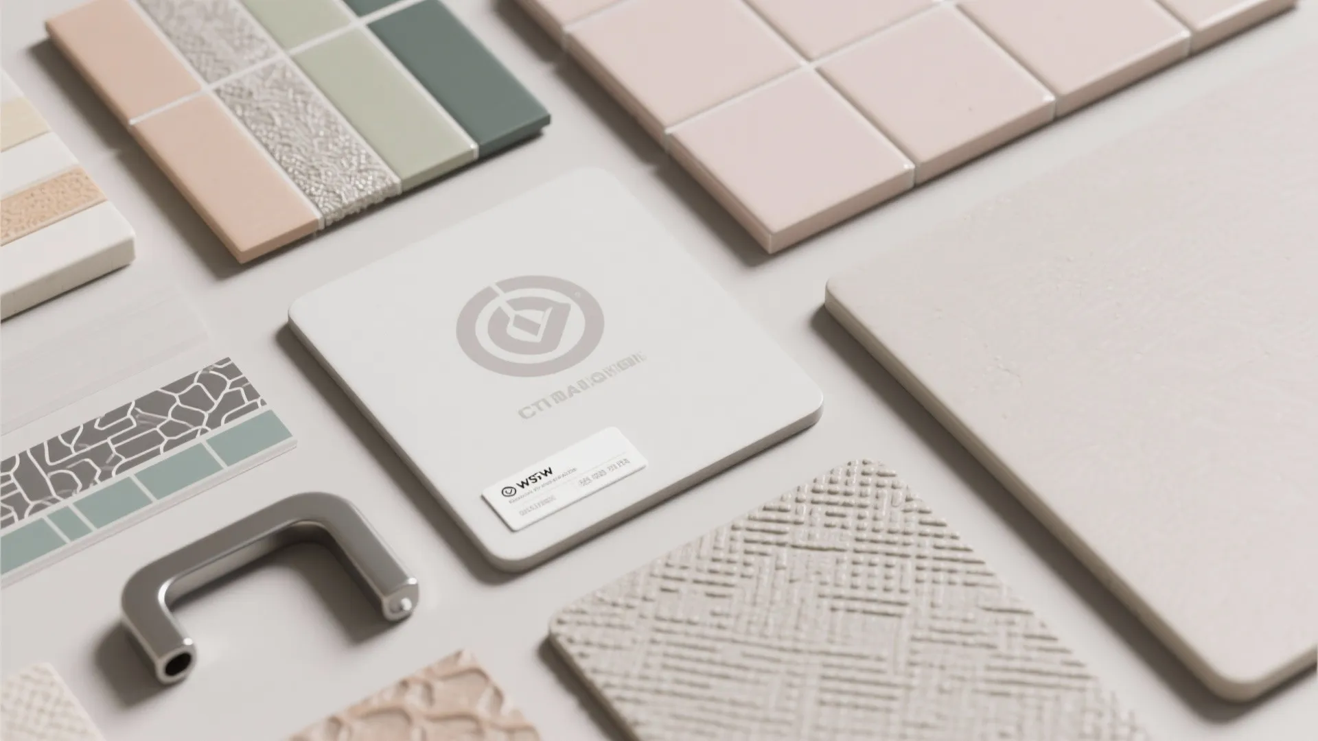 Flatlay of ceramic tile swatches, sealed grout, vinyl decal sample, hardware piece and non-slip mat sample.