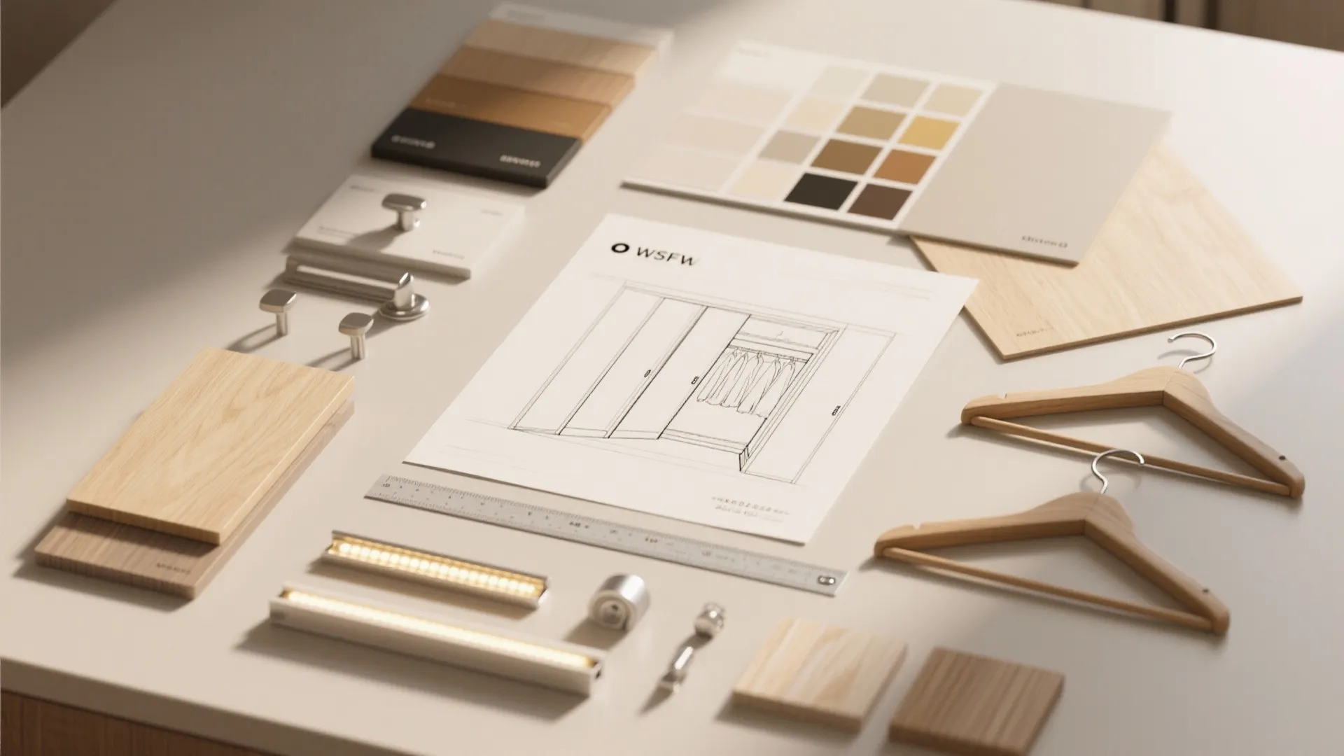 Material flatlay with paint swatches, wood veneer samples, hardware finishes and measuring tape for closet planning.
