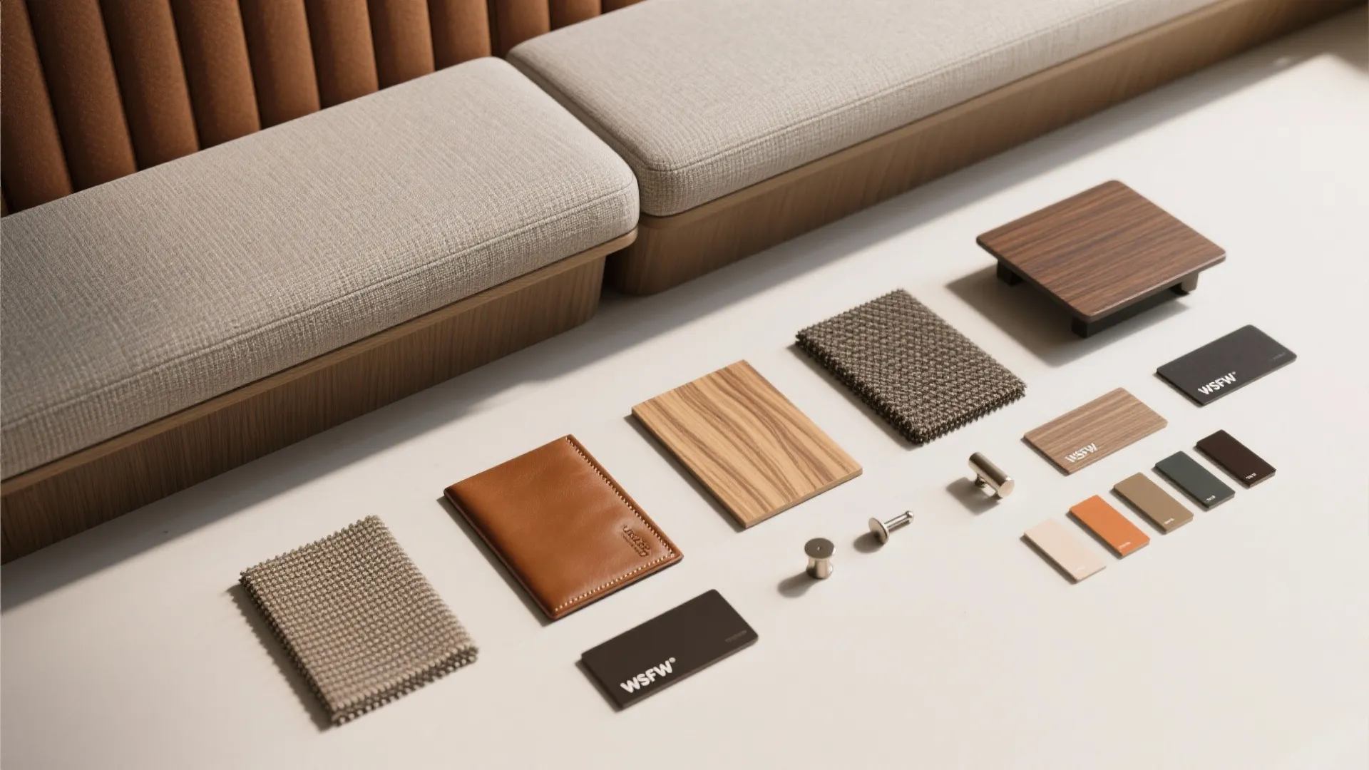 Collection of interior design materials including wood samples leather fabric and color swatches on table