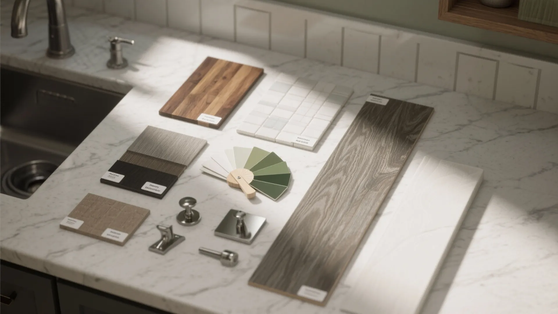 Interior design material samples including wood tiles green paint colors and metal handles on counter