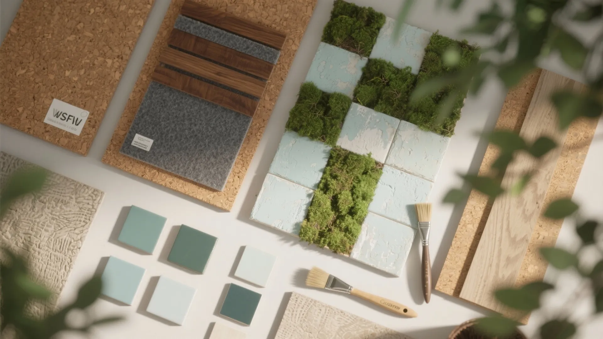 Texture and biophilia: wood, cork, limewash, and moss