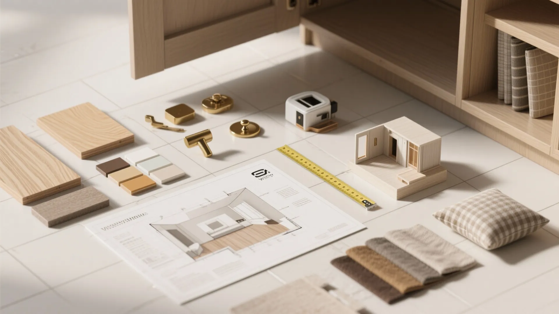 Wooden samples fabric swatches gold handles and floor plan with a miniature interior design model