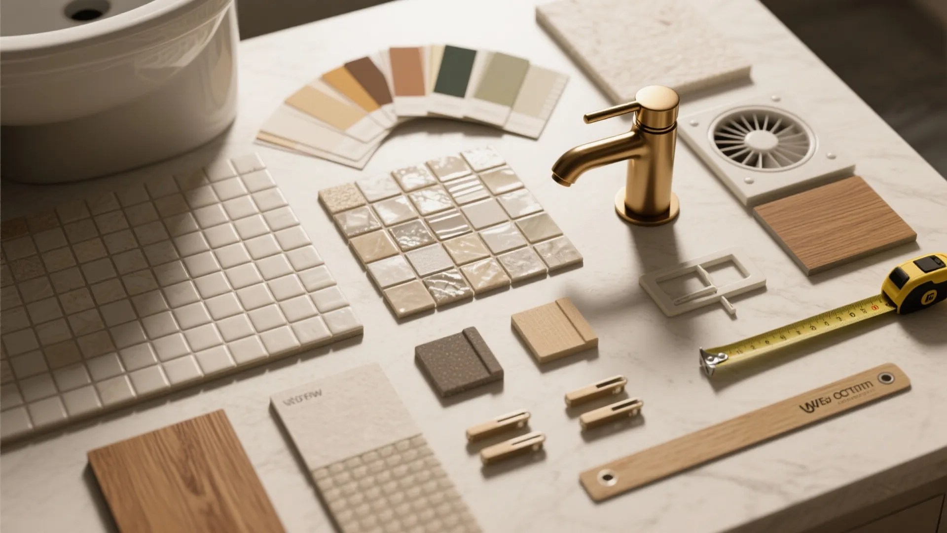 Interior design materials with gold faucet white tiles color swatches wood samples and measuring tape