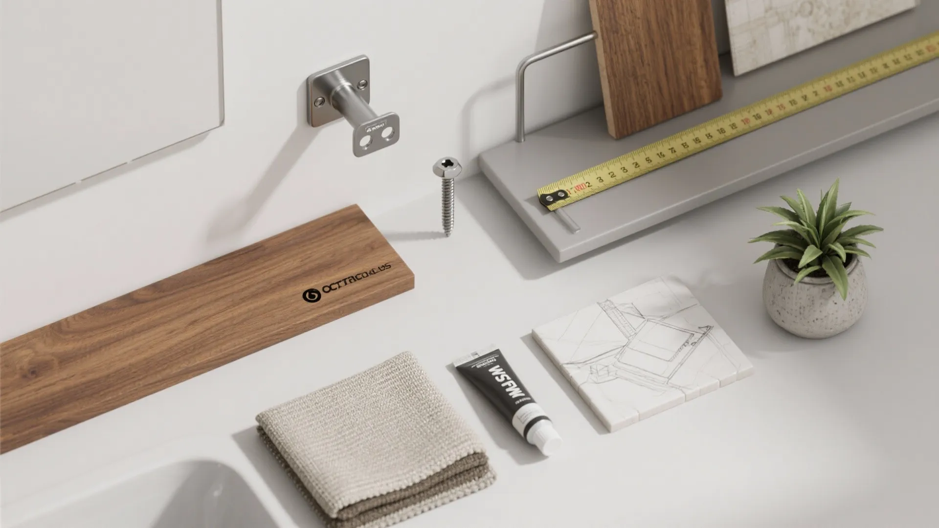 Interior design materials including wood samples plus measuring tape and small plant on white desk