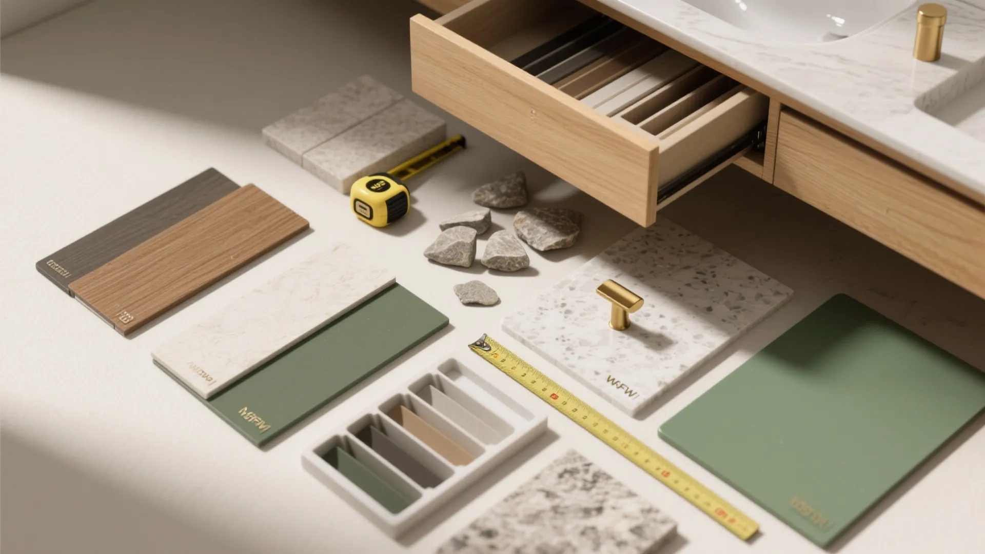 Interior design material board with wood samples green tiles stone pieces and yellow measuring tape layout