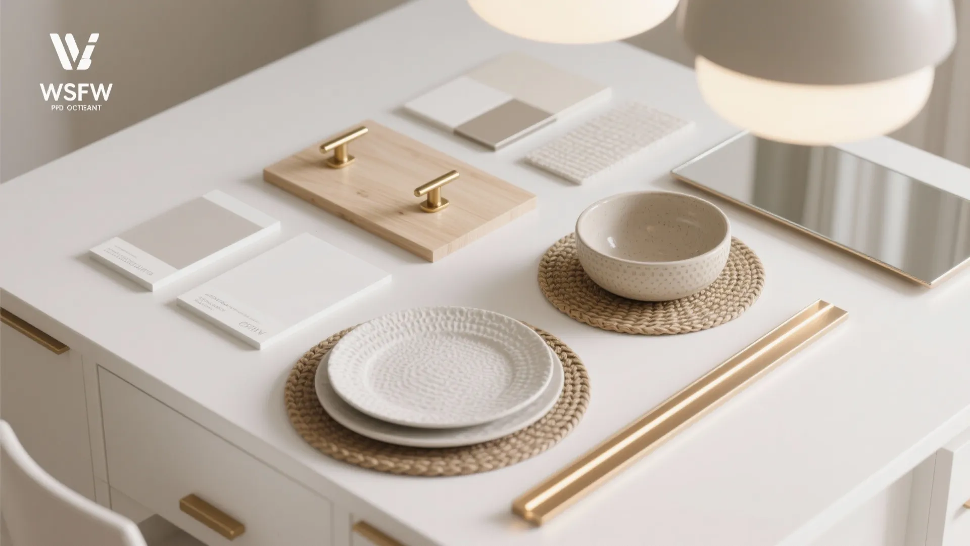 Flatlay of paint swatches, wood, brass hardware and textiles for specifying finishes for a white buffet design.