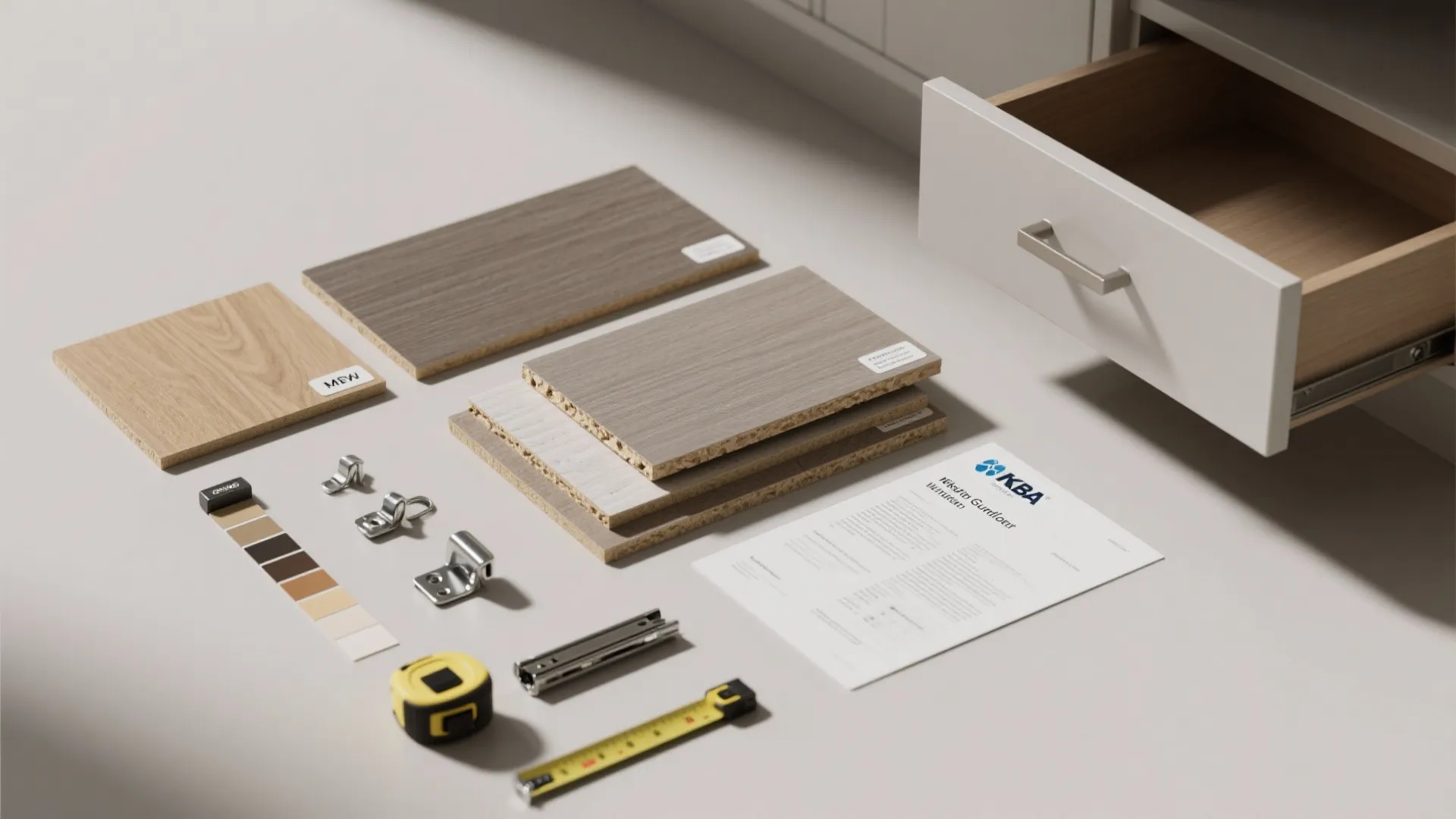 Cabinet material samples with wood boards measuring tape color swatches and a white open drawer
