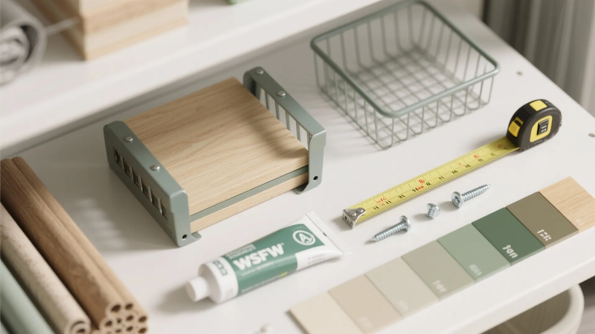 Home improvement materials flat lay with wood samples tape measure screws glue and green color palette