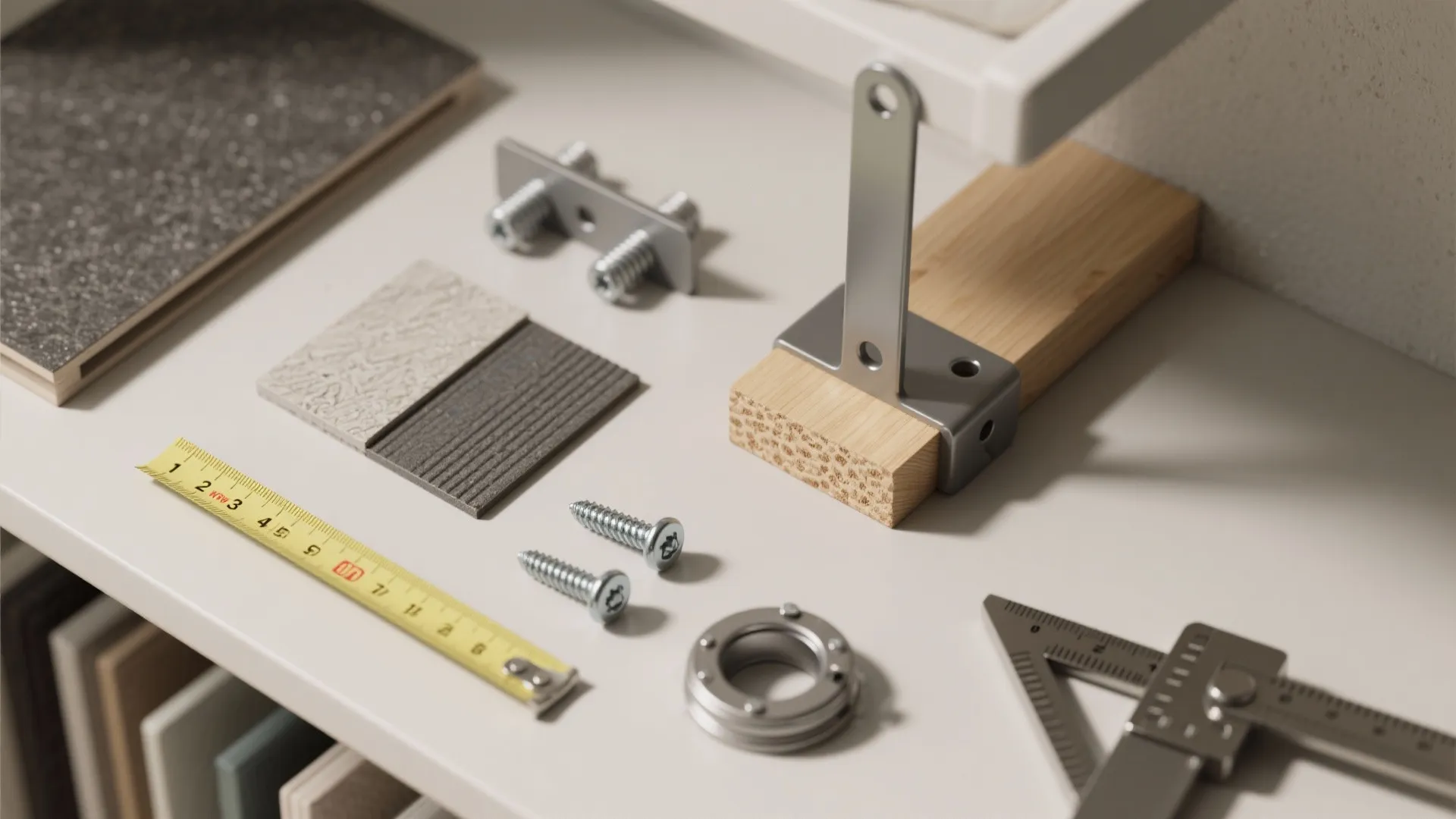 Collection of home renovation tools and materials including wood samples screws measuring tape and metal parts