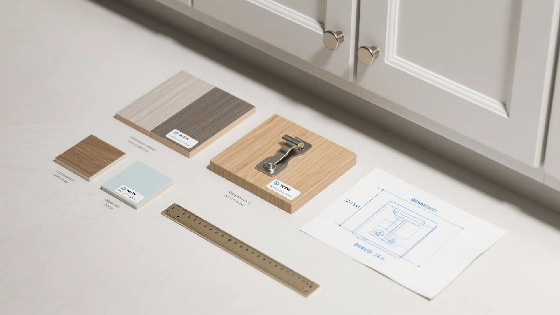 Top-down flatlay of laundry cabinet material samples, hardware, and dimension notes for overhead and base depths.