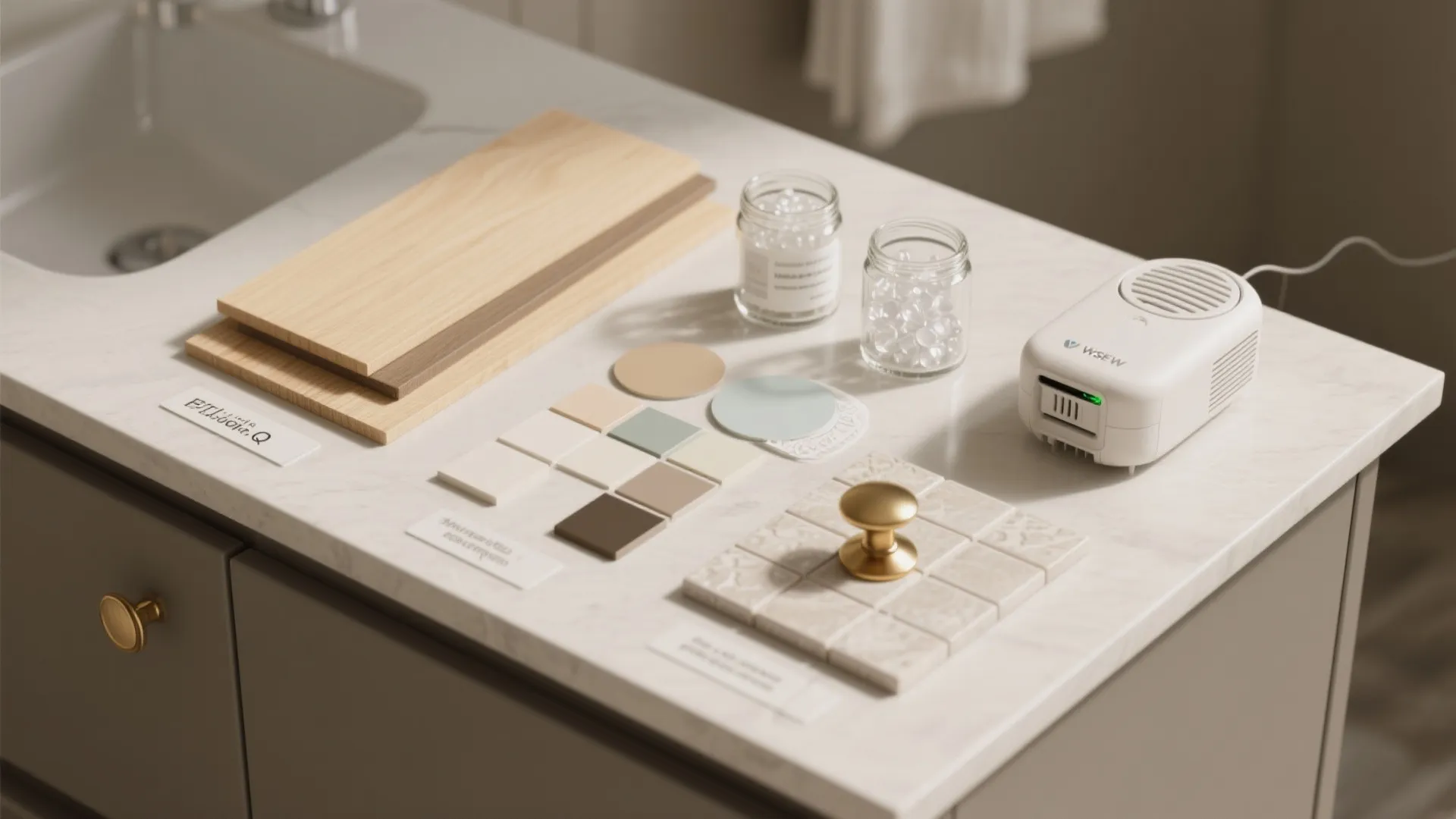 Interior design materials including wood samples color swatches and tiles displayed on a white countertop