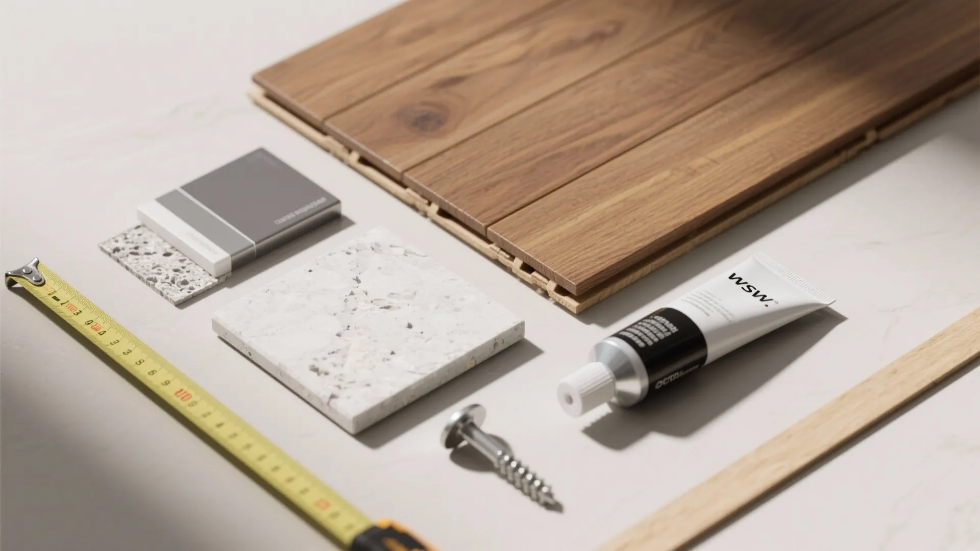 Interior design materials including wood flooring, stone tile, measuring tape, glue tube, and metal screw