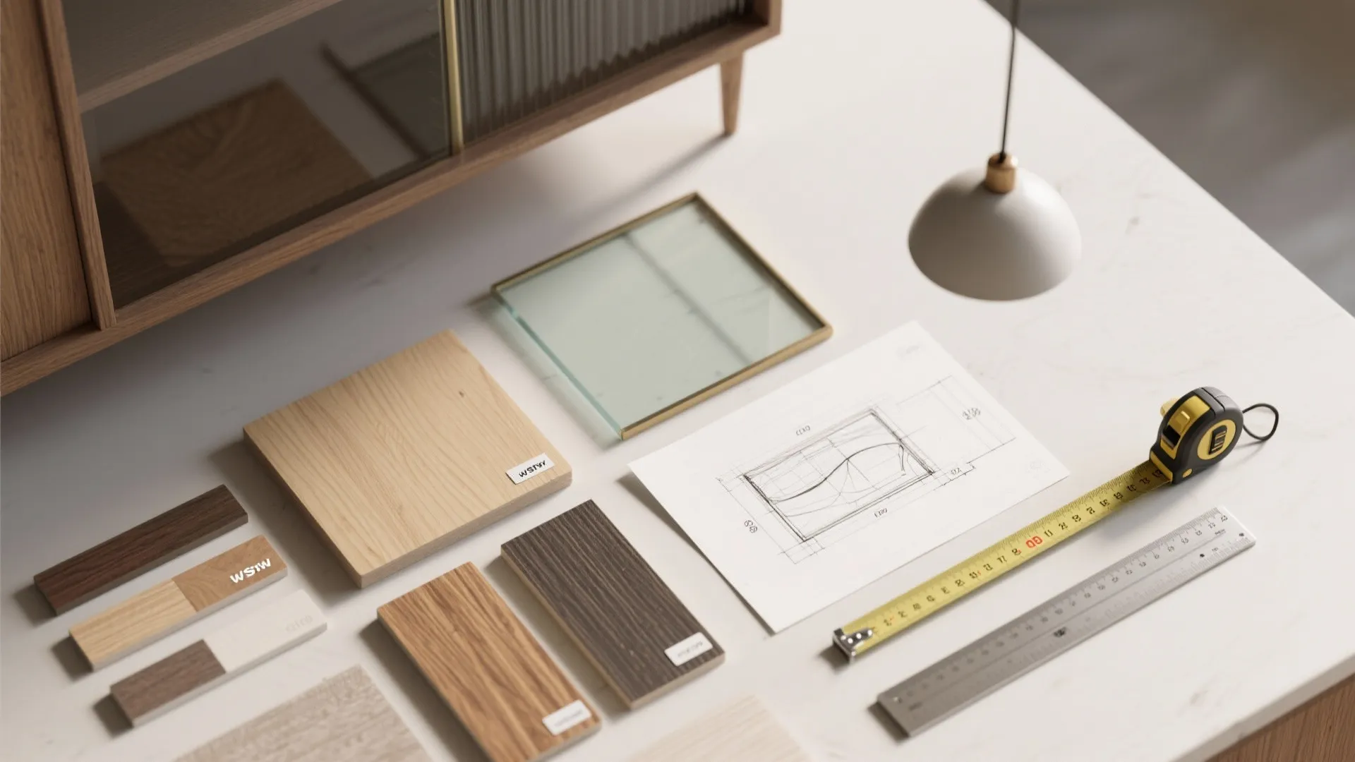 Interior design drawing with wood samples and measuring tape on a white desk with light