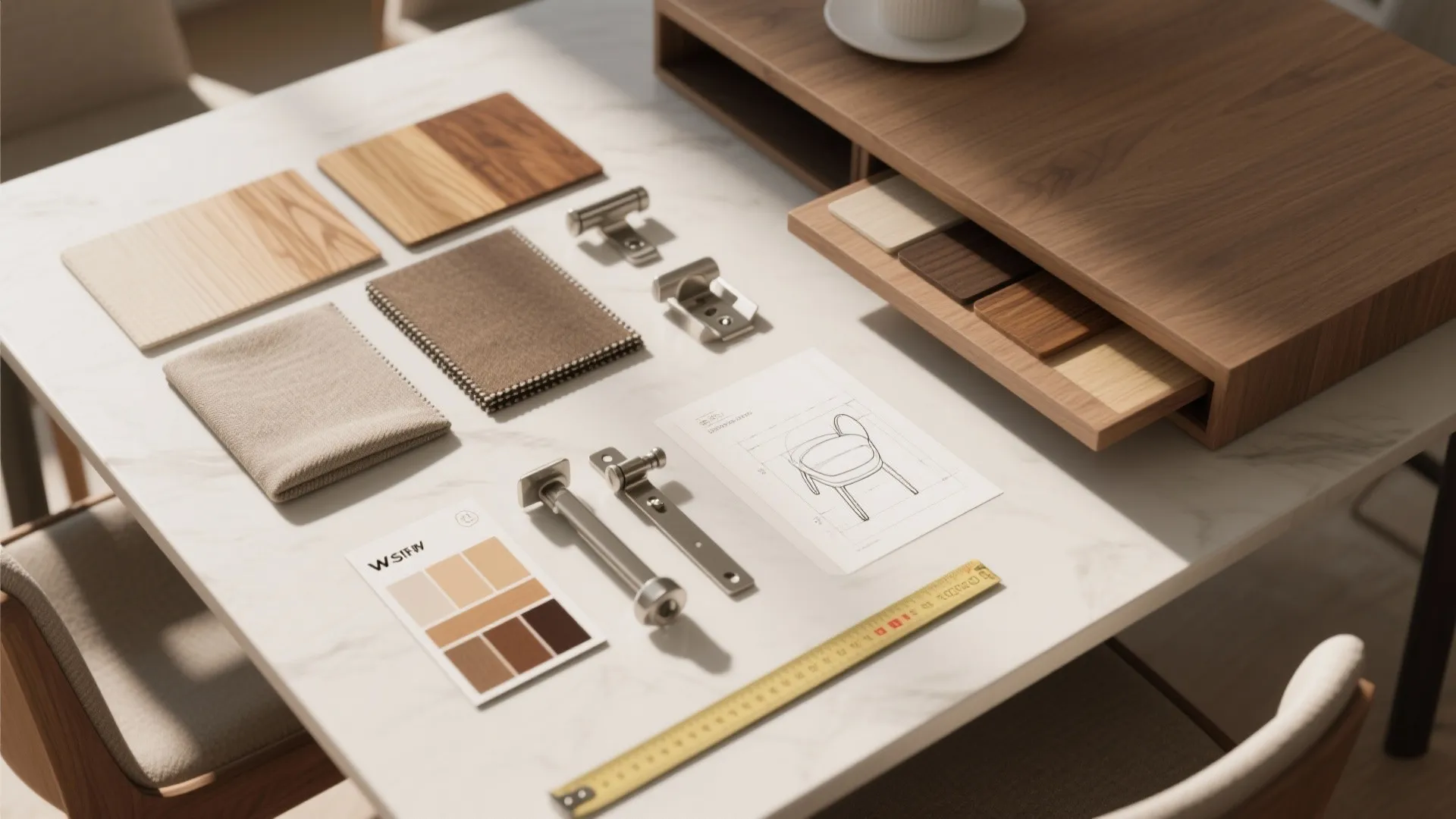 Material and hardware flatlay showing wood swatches, fabric samples, and hinge hardware for small dining solutions.