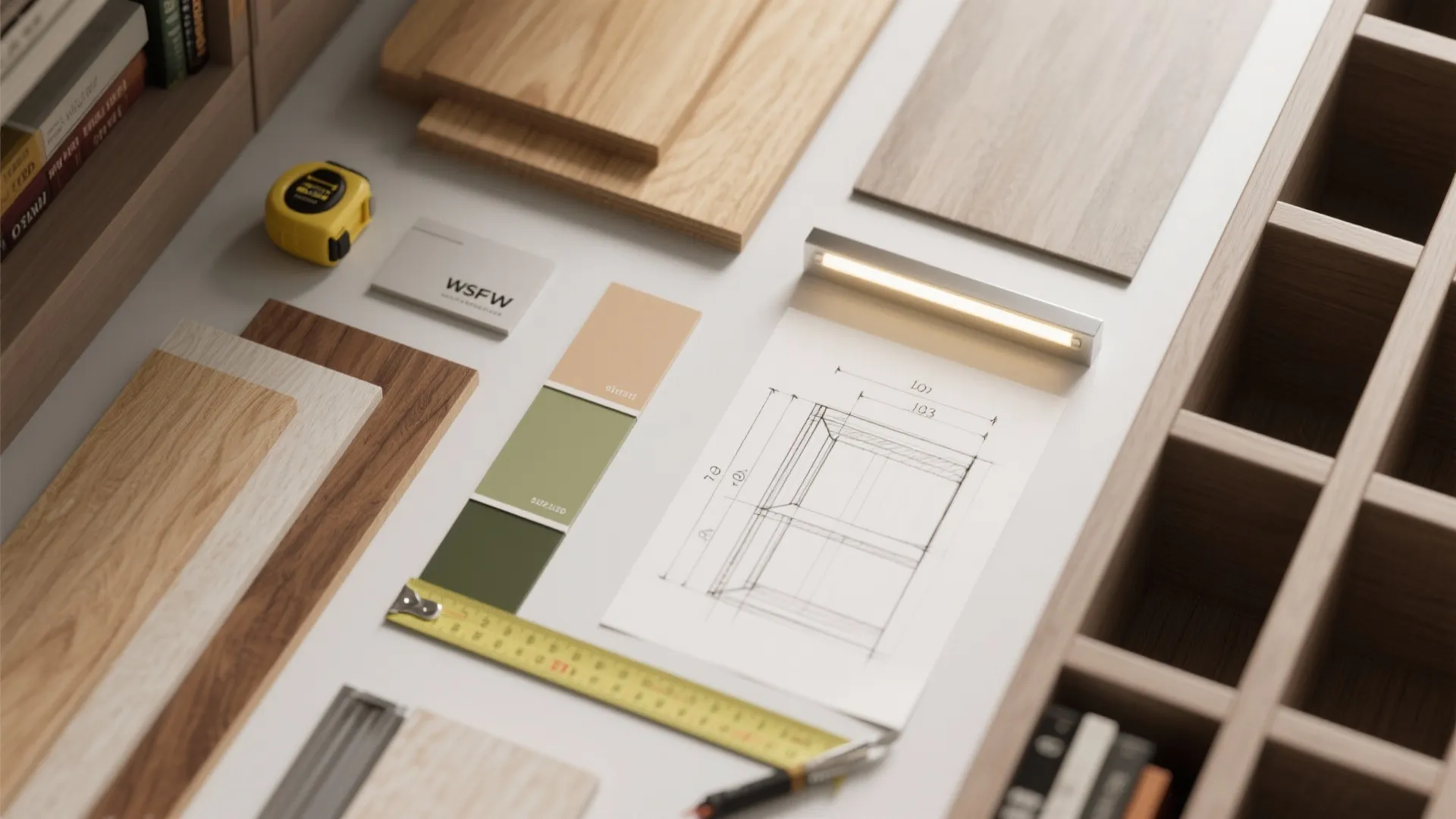 Interior design drawing with wood samples color swatches and measuring tape on a white table