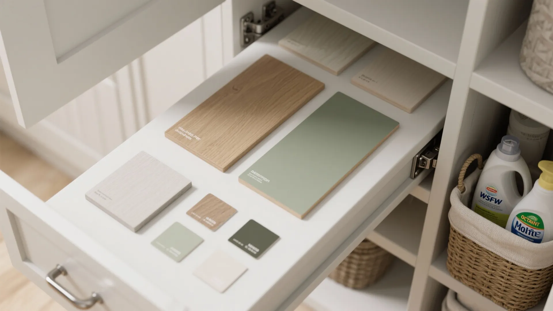 Open white drawer displaying various wood and green material samples for interior design cabinet planning