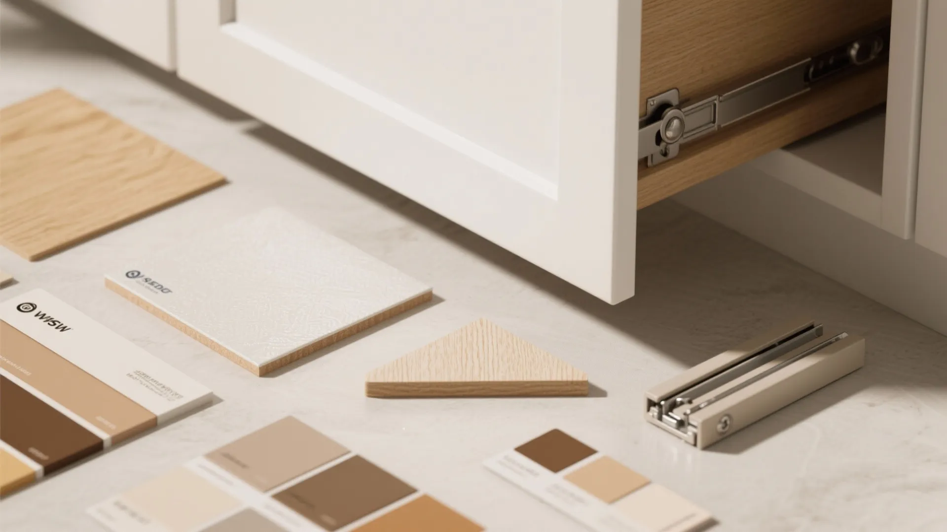 Interior design material samples including wood tiles color swatches and metal drawer hardware on a table