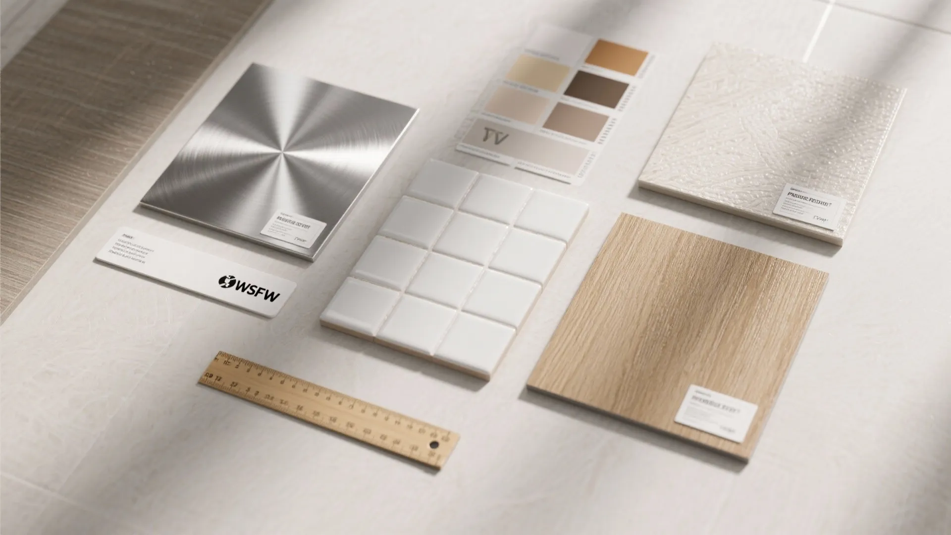 Interior design material samples featuring metal plate white tiles wood board ruler and colorful paper swatches