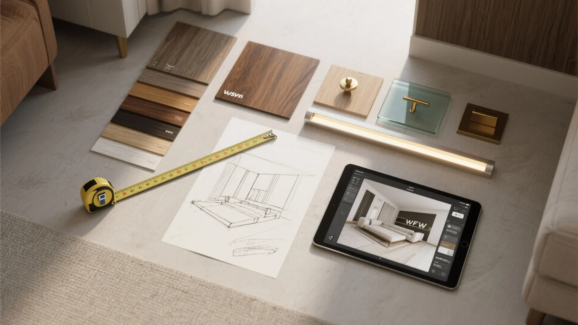 Interior design materials on floor with wood samples, hand drawing, tape measure, and tablet computer