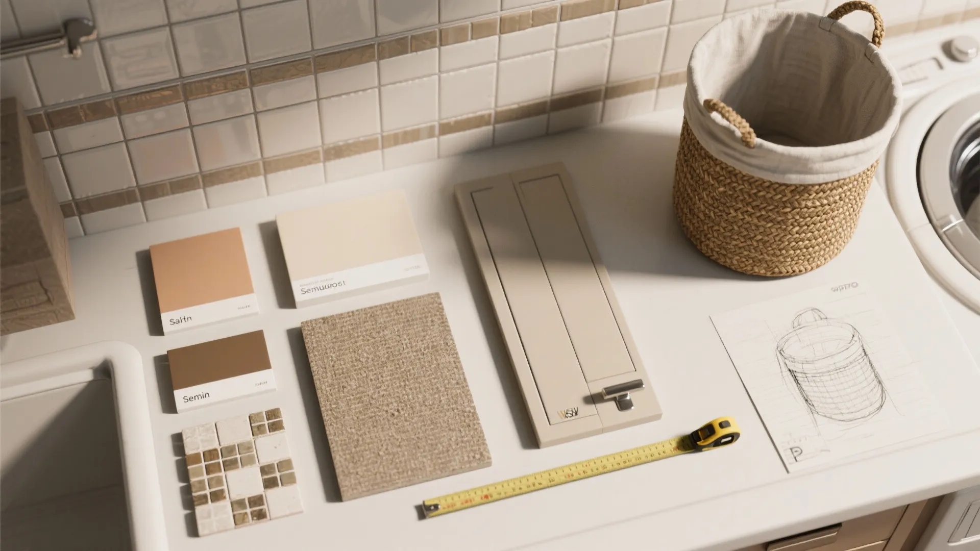 Interior design mood board with color samples tile pieces measuring tape and laundry basket on counter