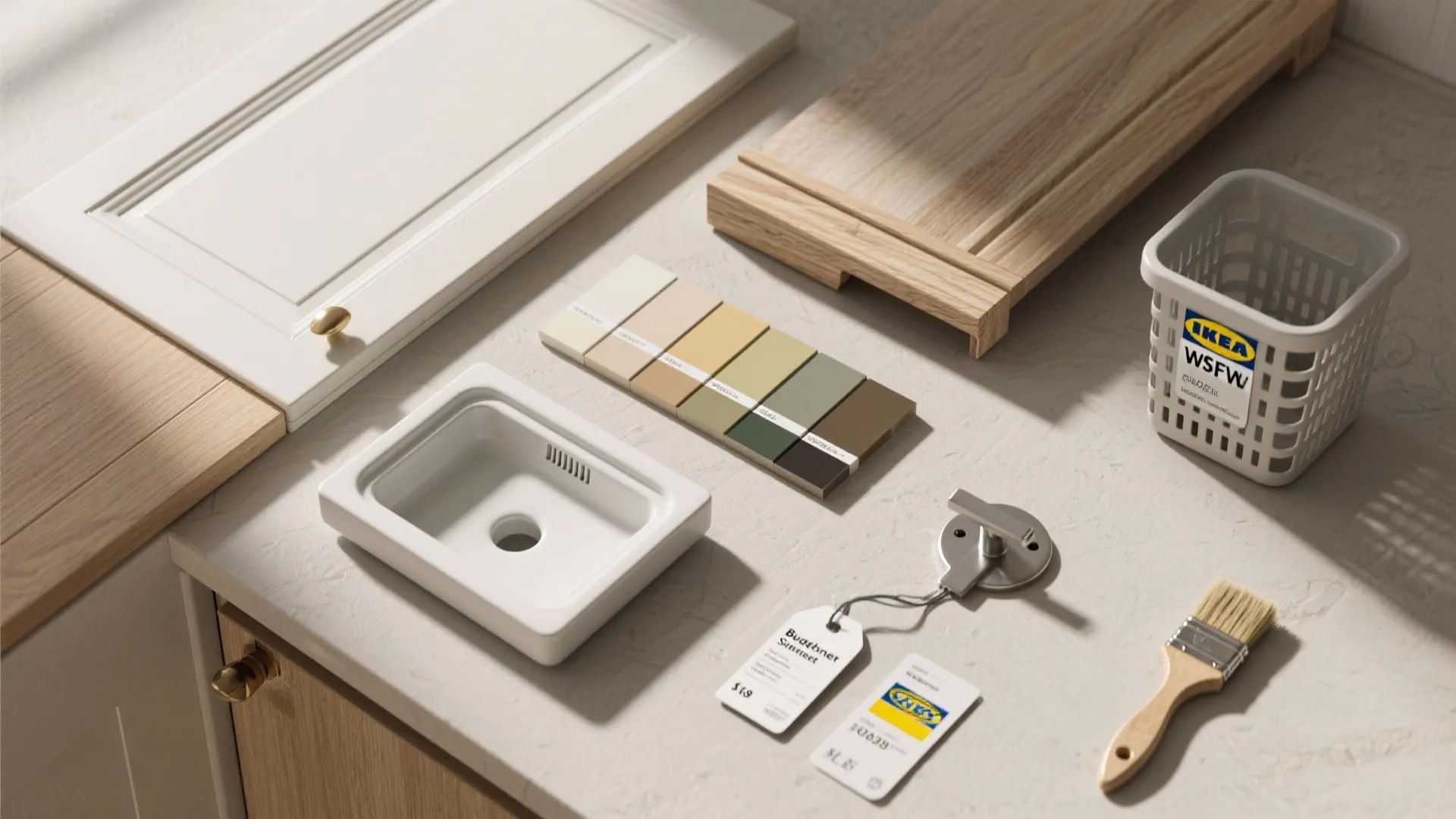 Interior design material flat lay with color swatches wood samples white cabinet door and brush