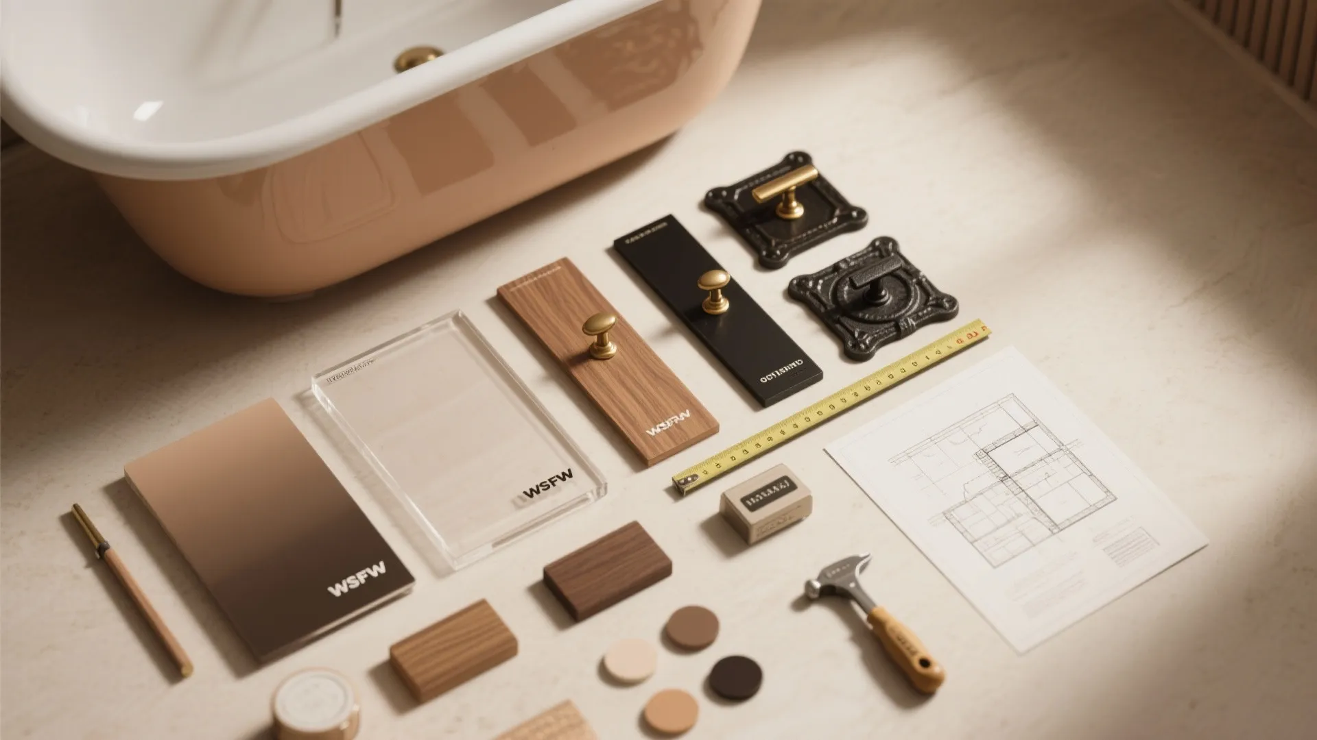 Flat lay of home renovation materials including wood samples door handles floor plan and small hammer