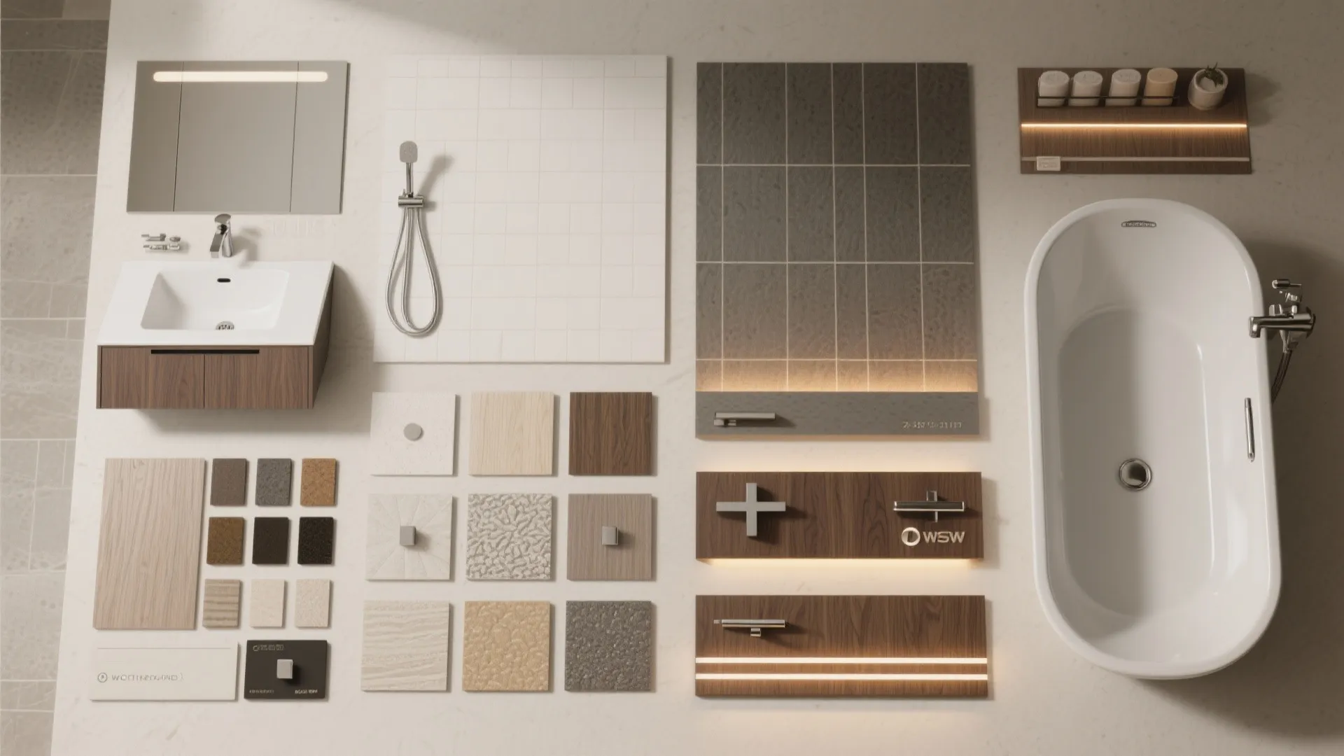 Overhead view of bathroom material samples including bathtub sink tiles wood panels and various metal fixtures