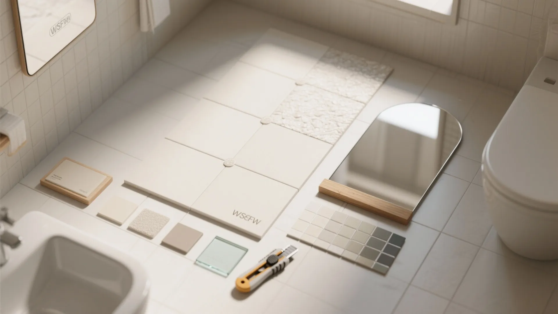 Top-down flatlay of tile, wood and mirror samples for small bathroom material decisions.