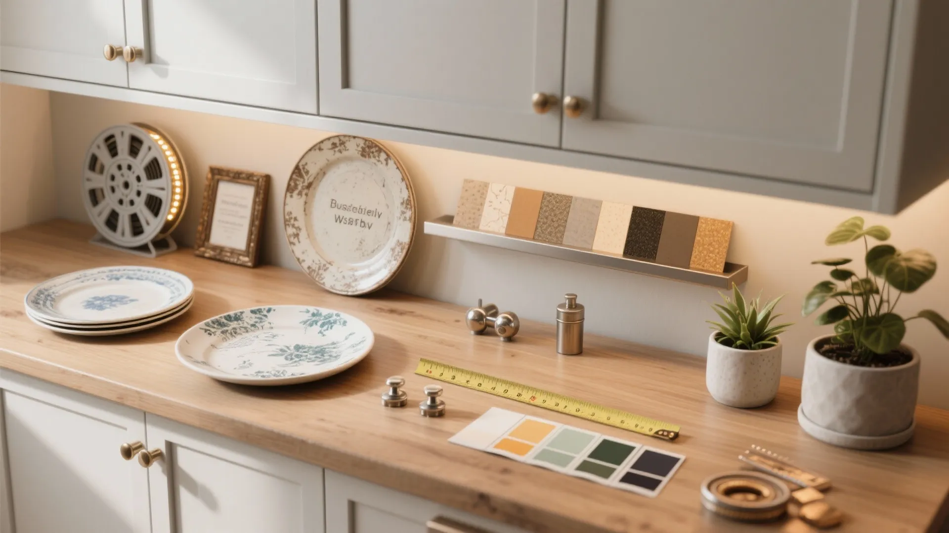 Interior design drawing board with material samples color palette measuring tape and decorative ceramic plates