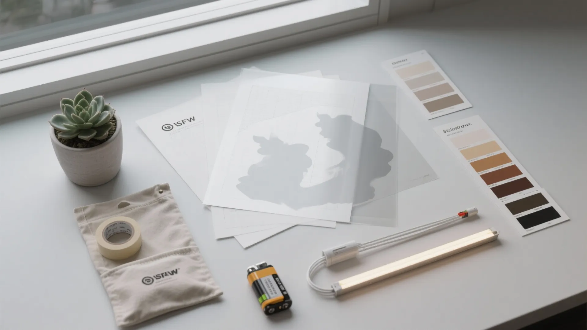 Top-down flatlay of low-heat, removable window décor materials: frosted film, tracing paper, slim LEDs, poster putty, and plant samples.