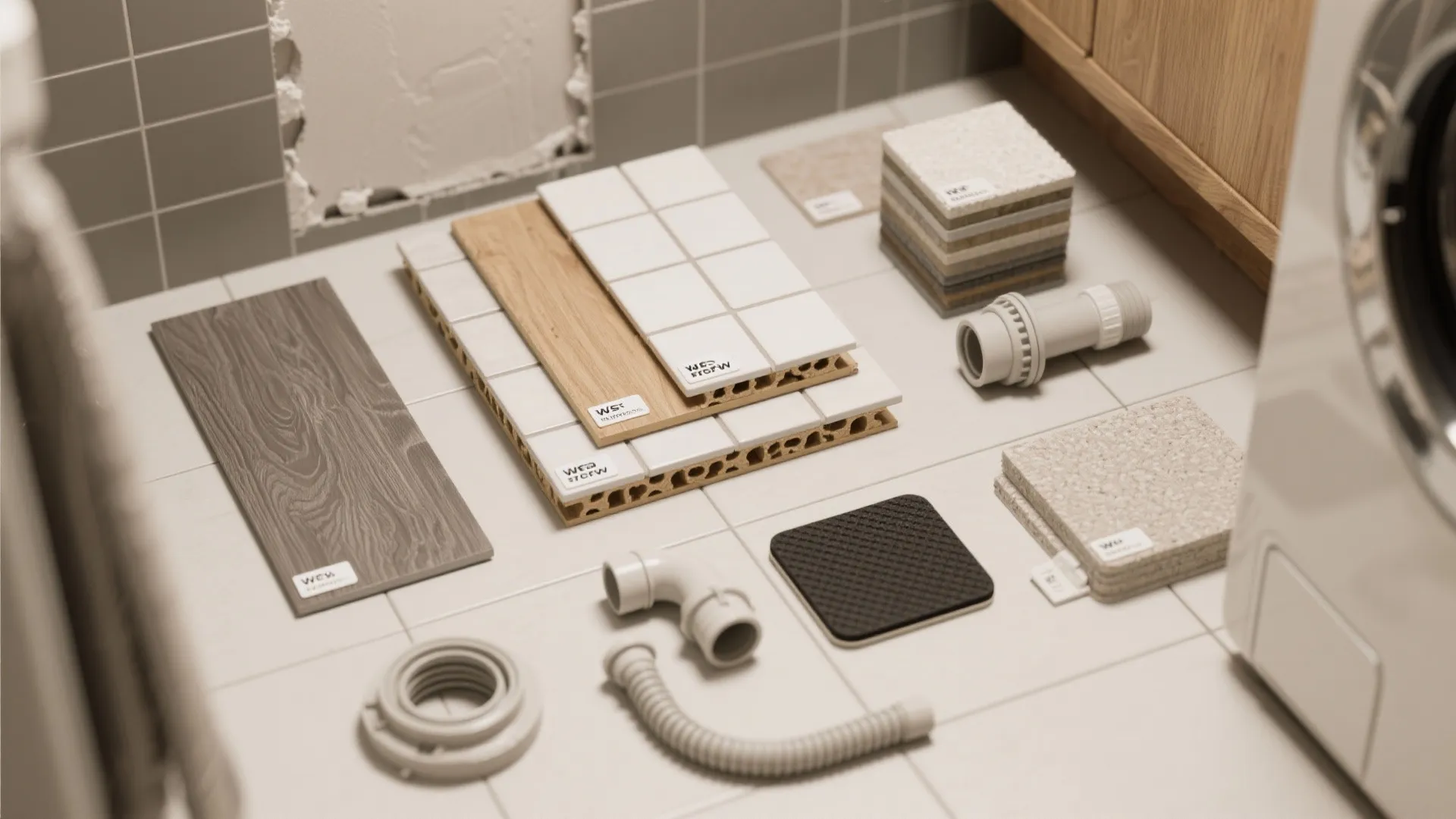 Collection of flooring samples and plumbing parts including tiles wood planks and white plastic pipes