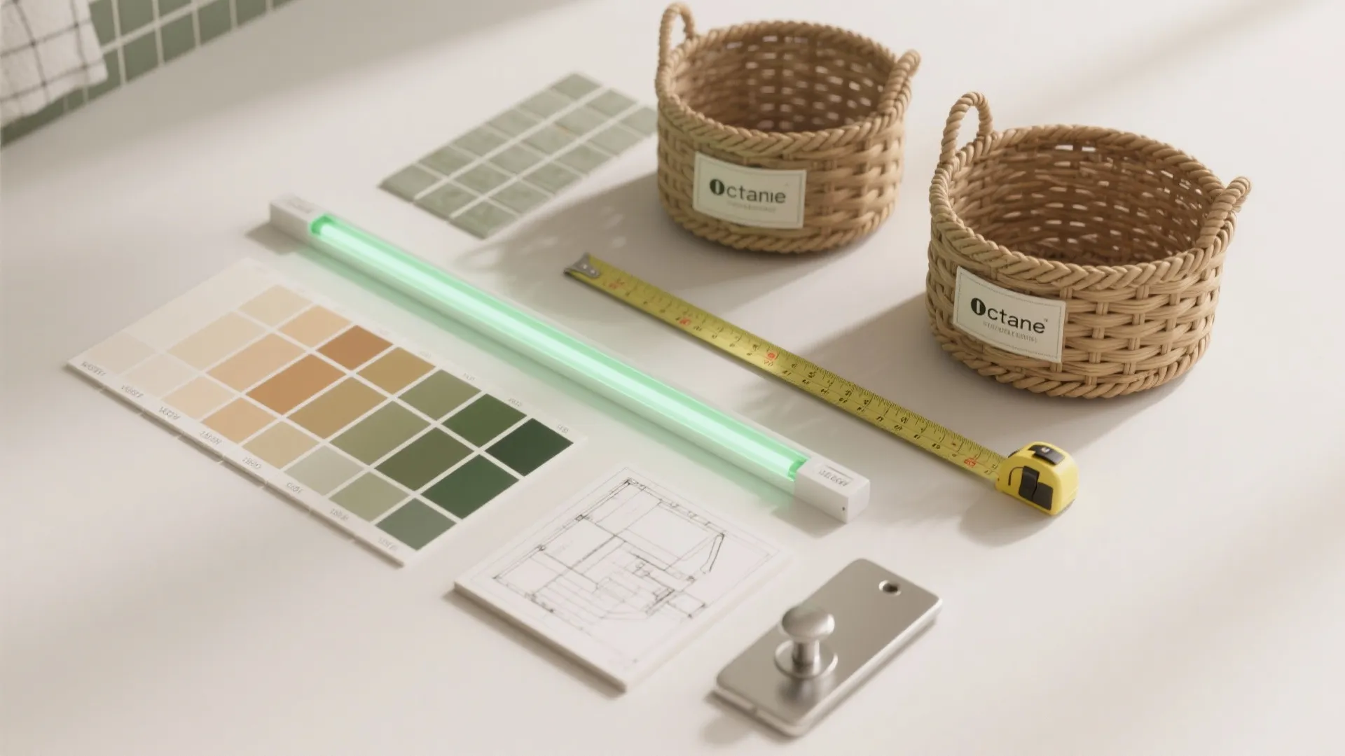 Interior design materials including color samples tape measure woven baskets and light fixture on white surface