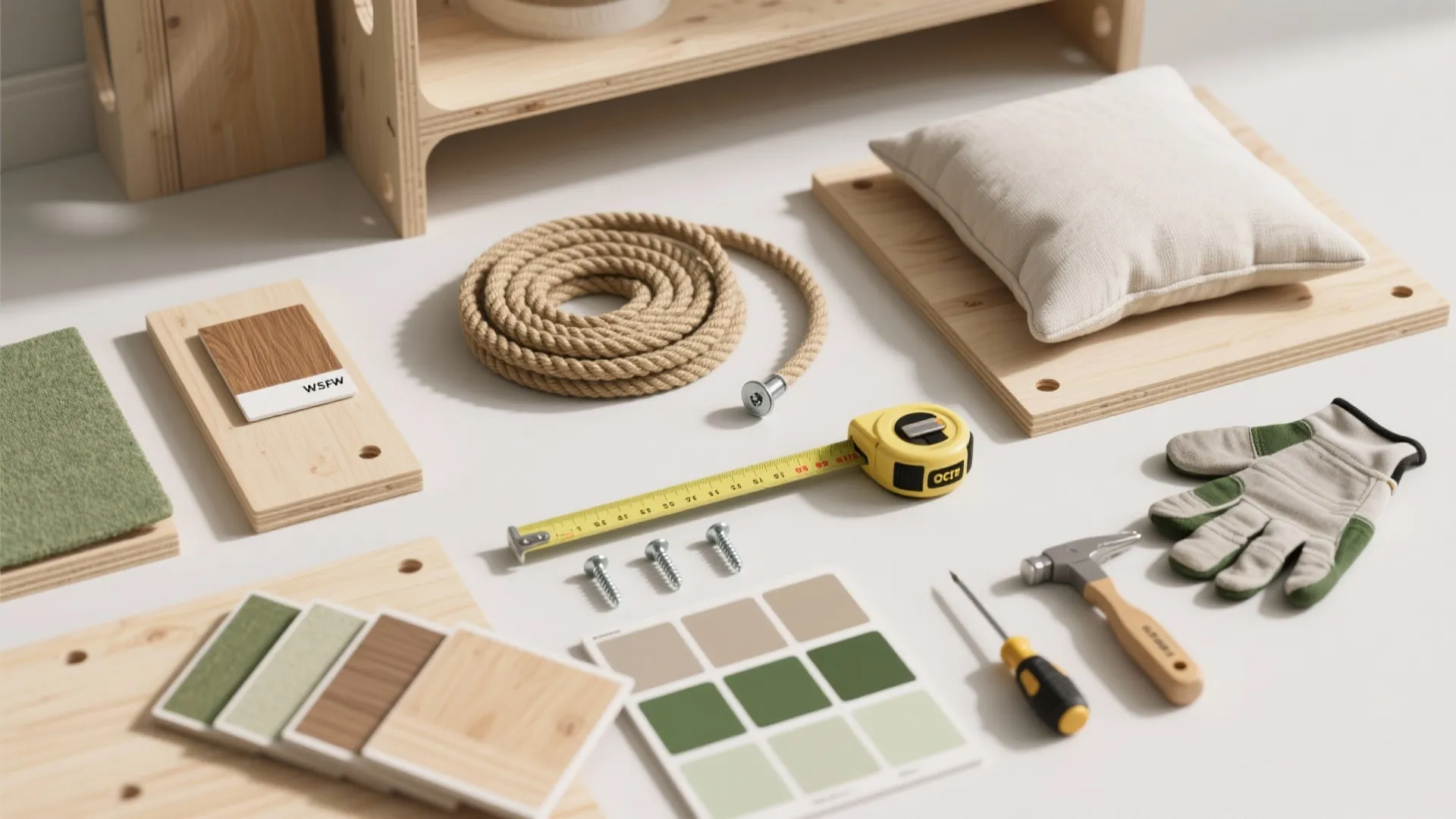 Interior design materials including wood samples tools rope and color palette on a white surface