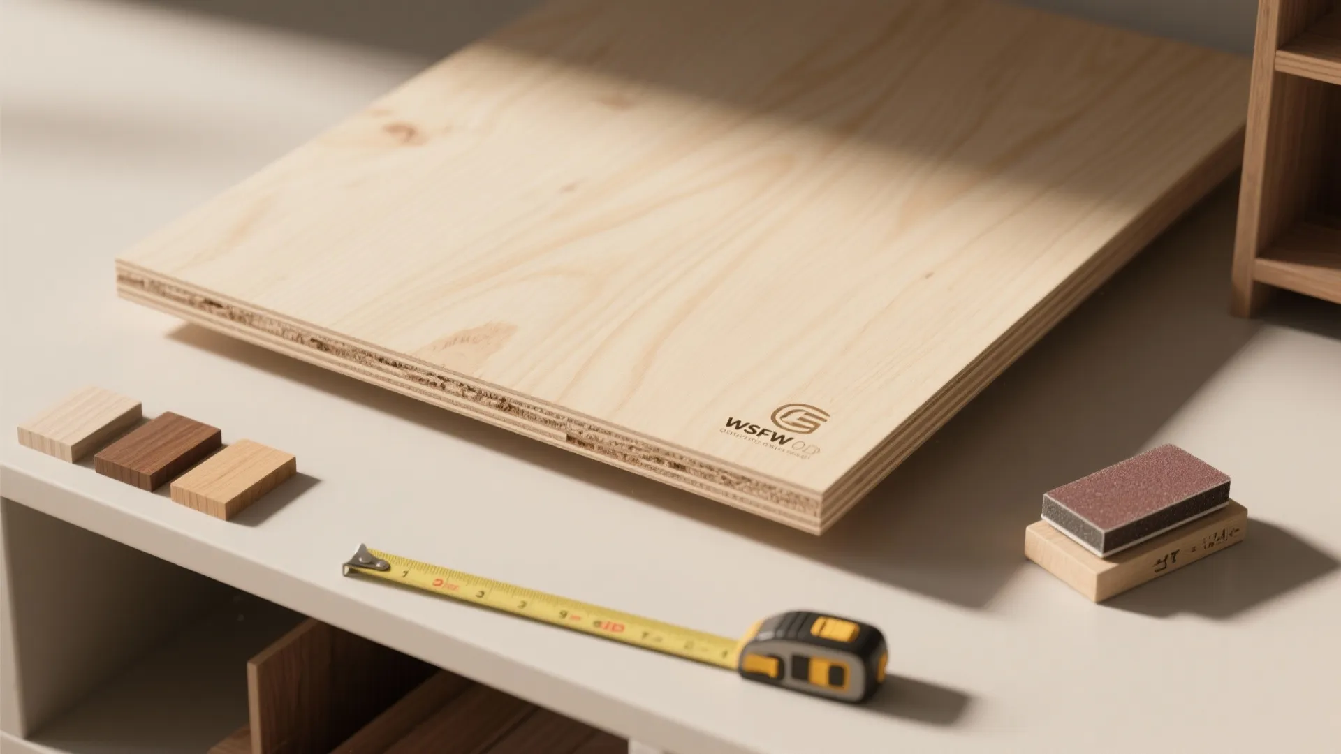 Light wood board with a yellow measuring tape and small wood samples on a white table