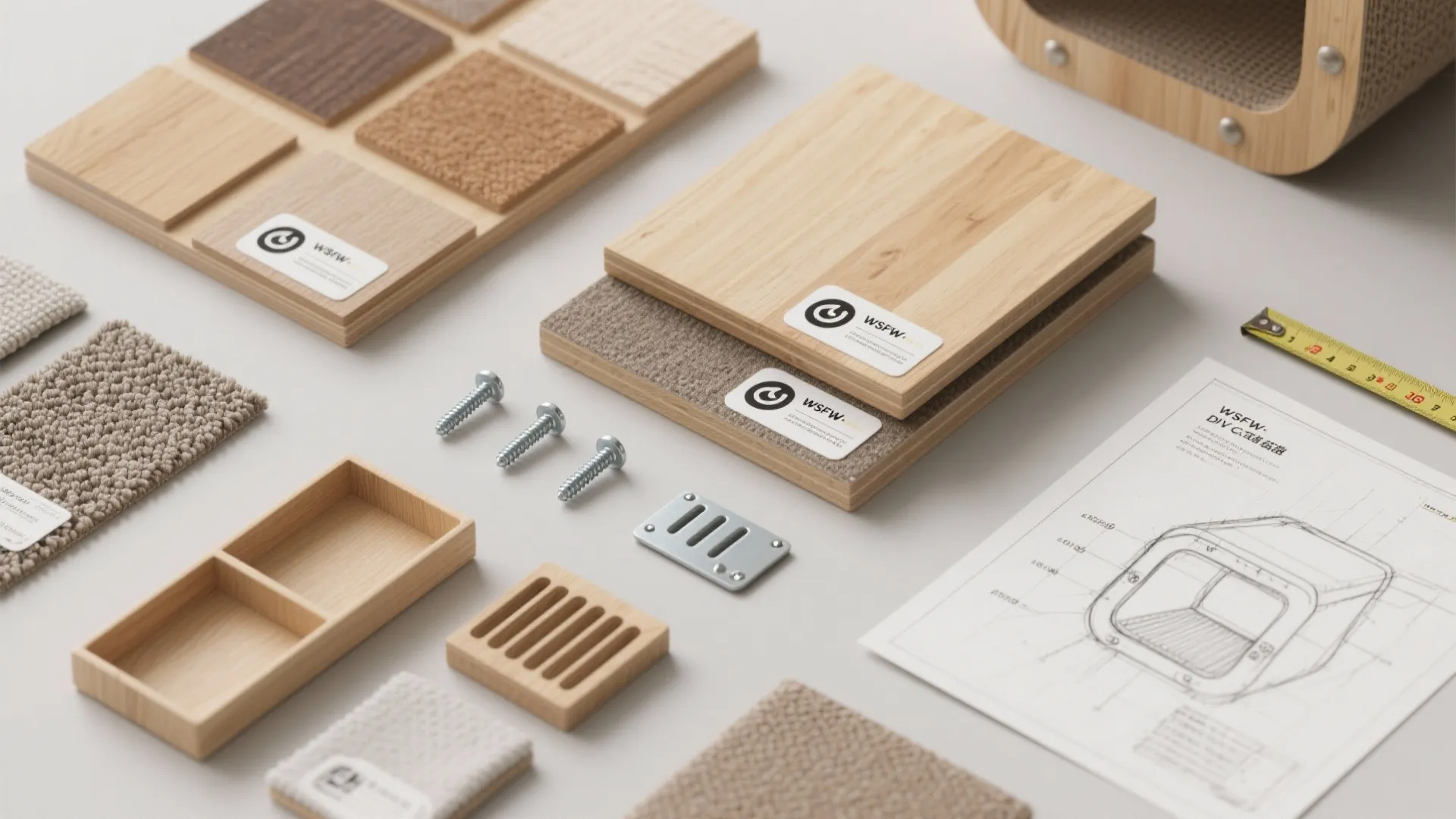 Interior design materials including wood samples carpet swatches screws a tape measure and house drawing