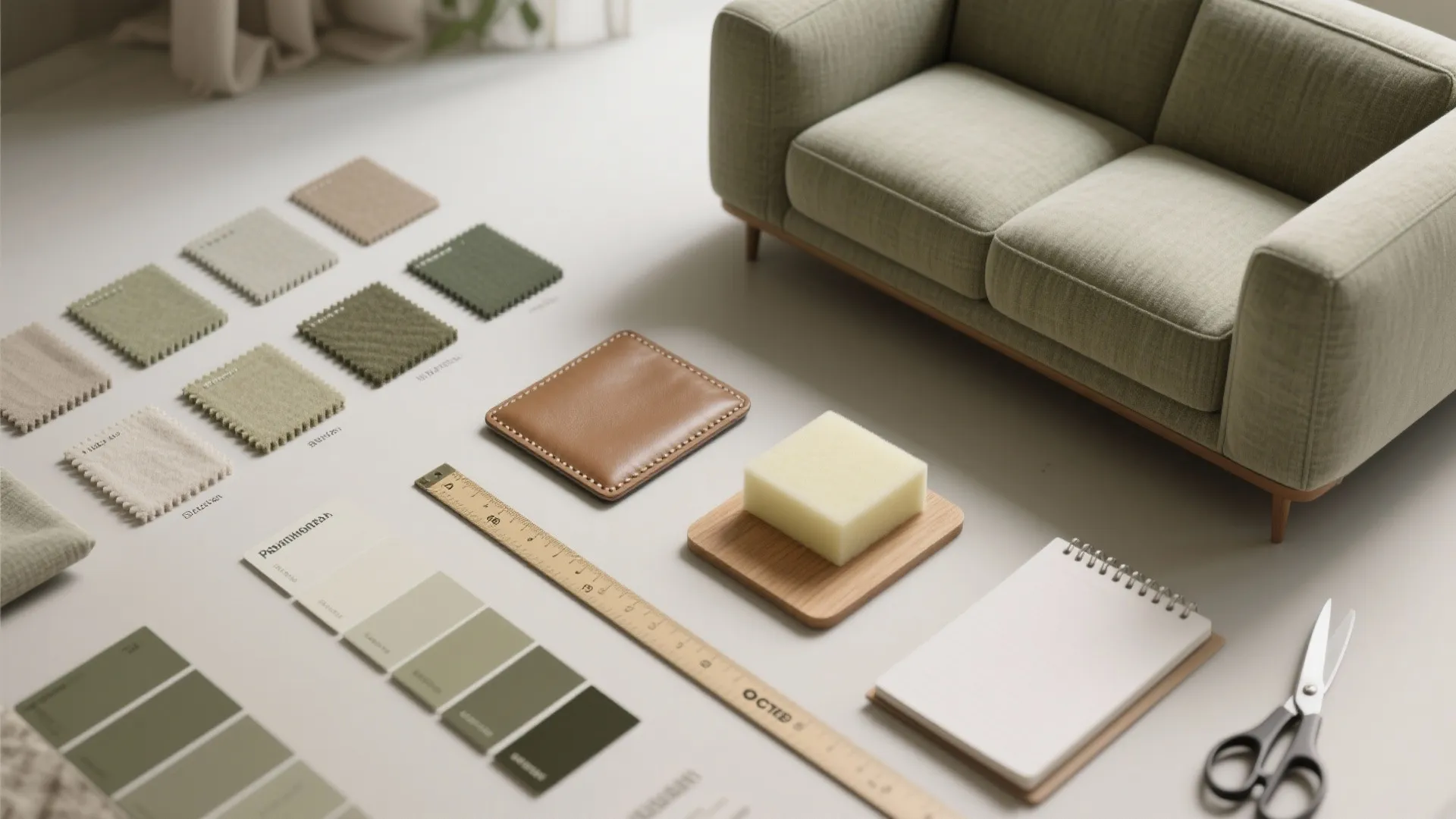Interior design mood board with green fabric samples color cards ruler notebook and small green sofa