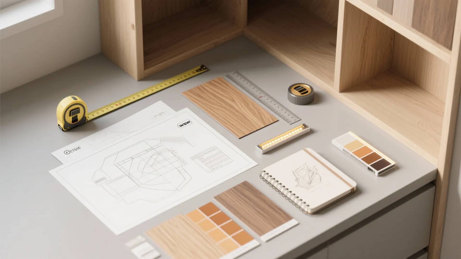 Interior design drawing with tape measure wood samples color palette and notebook on grey desk