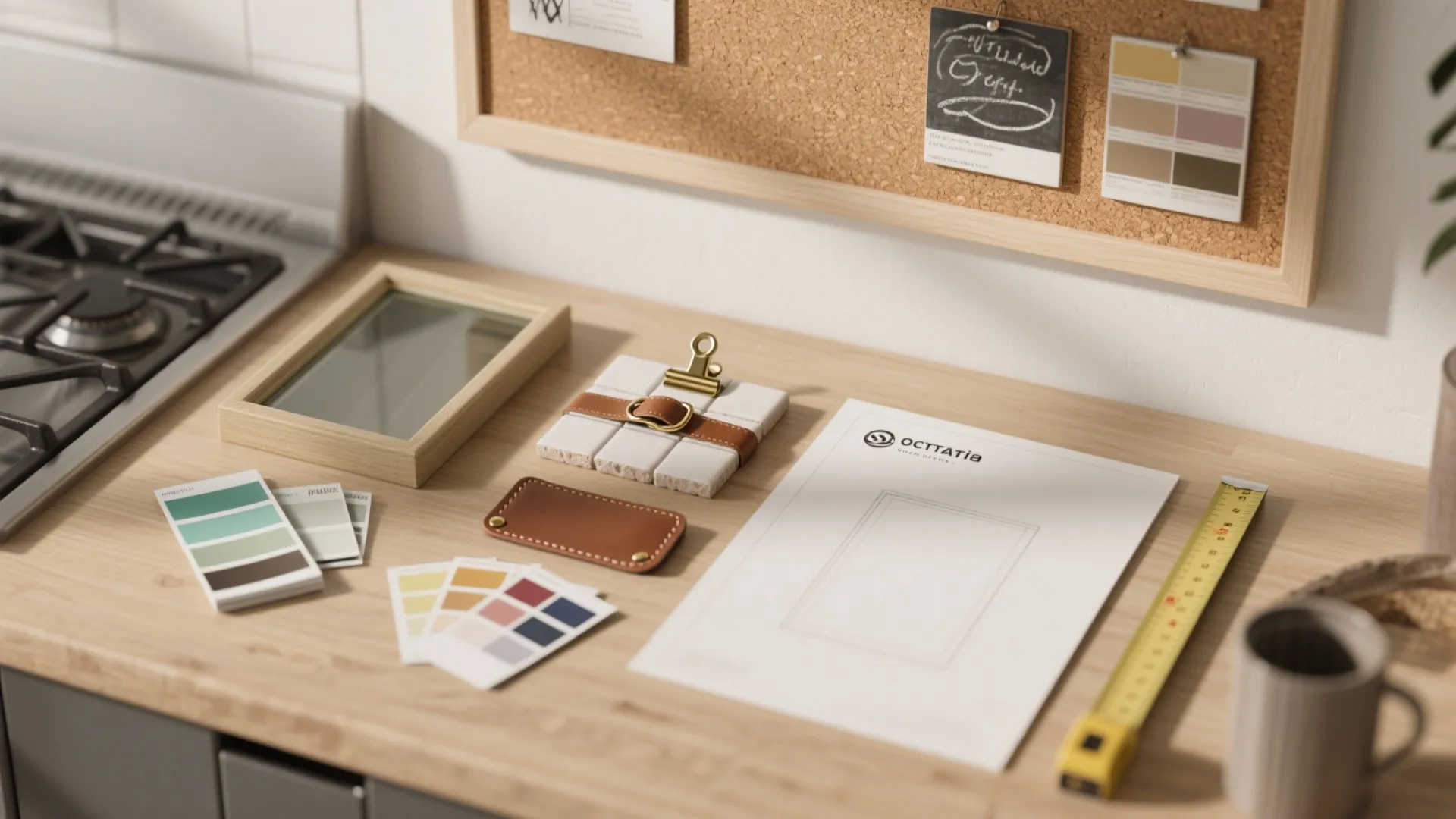 Interior design materials on wooden table with color swatches tiles paper tape measure and board