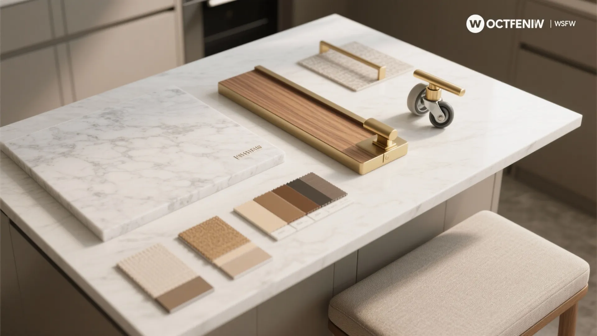 Interior design materials with marble stone wood panels fabric samples and gold metal cabinet handles