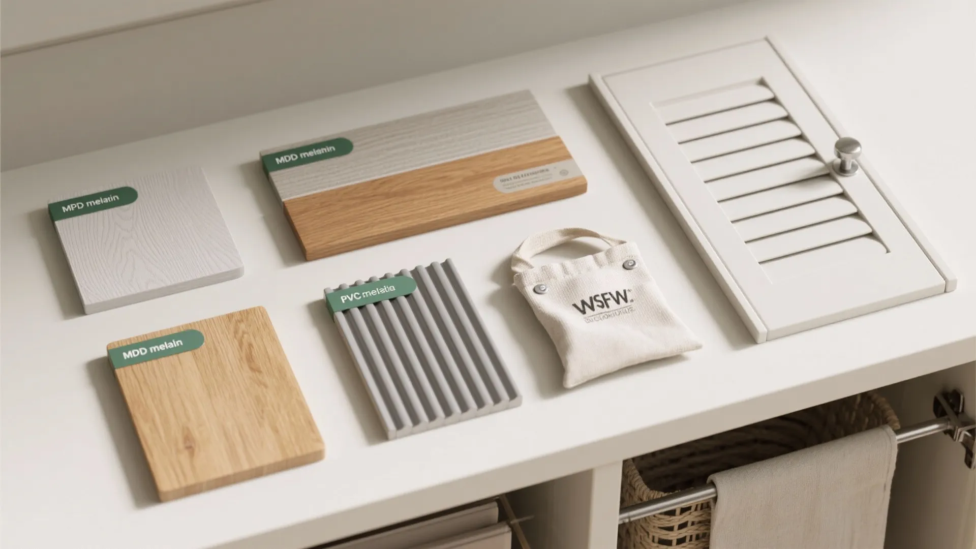 Interior design materials on a white counter including wood samples and a white wall panel