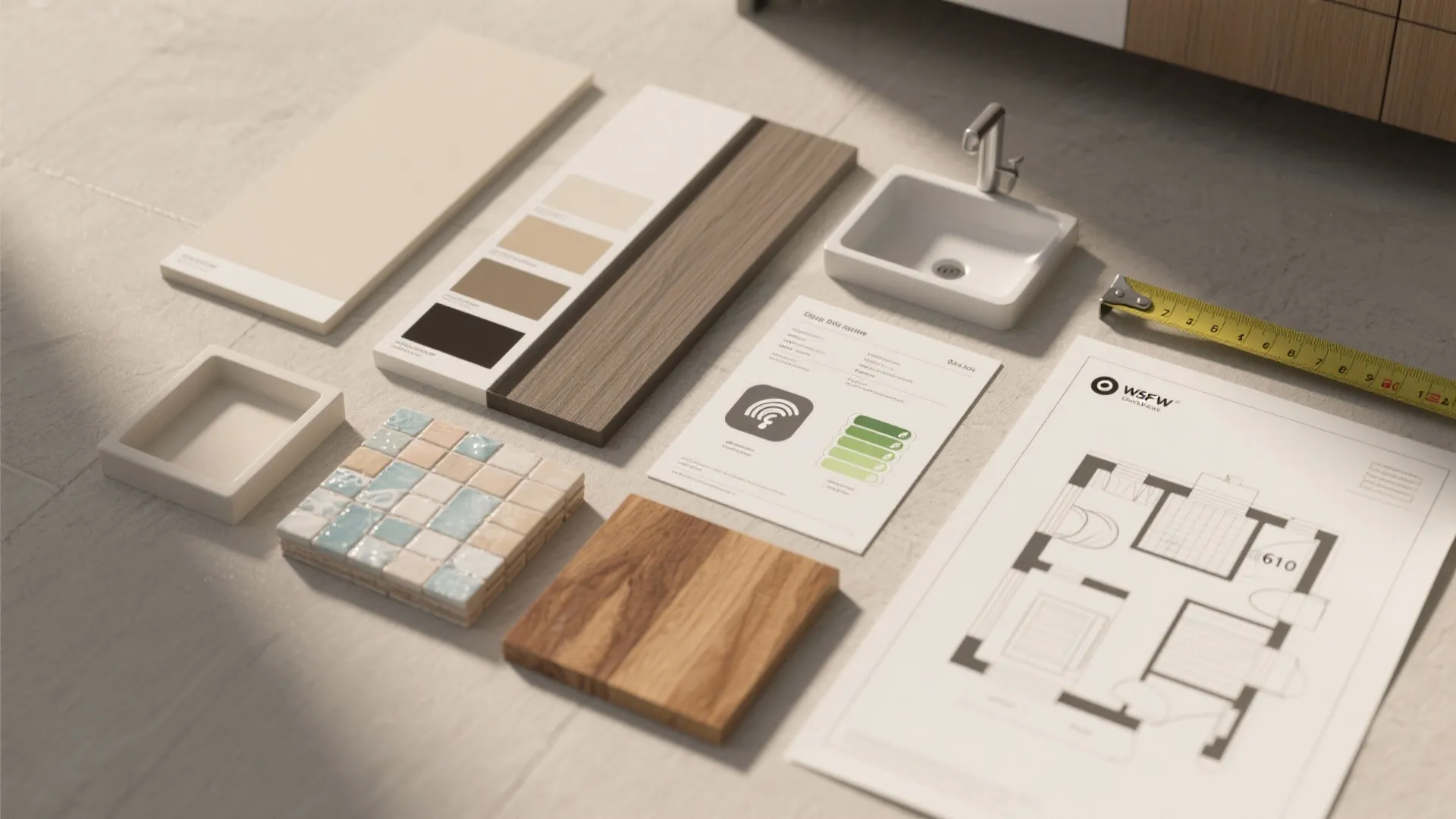 Interior design materials including floor plan drawing, color swatches, wood samples, tiles, and measuring tape
