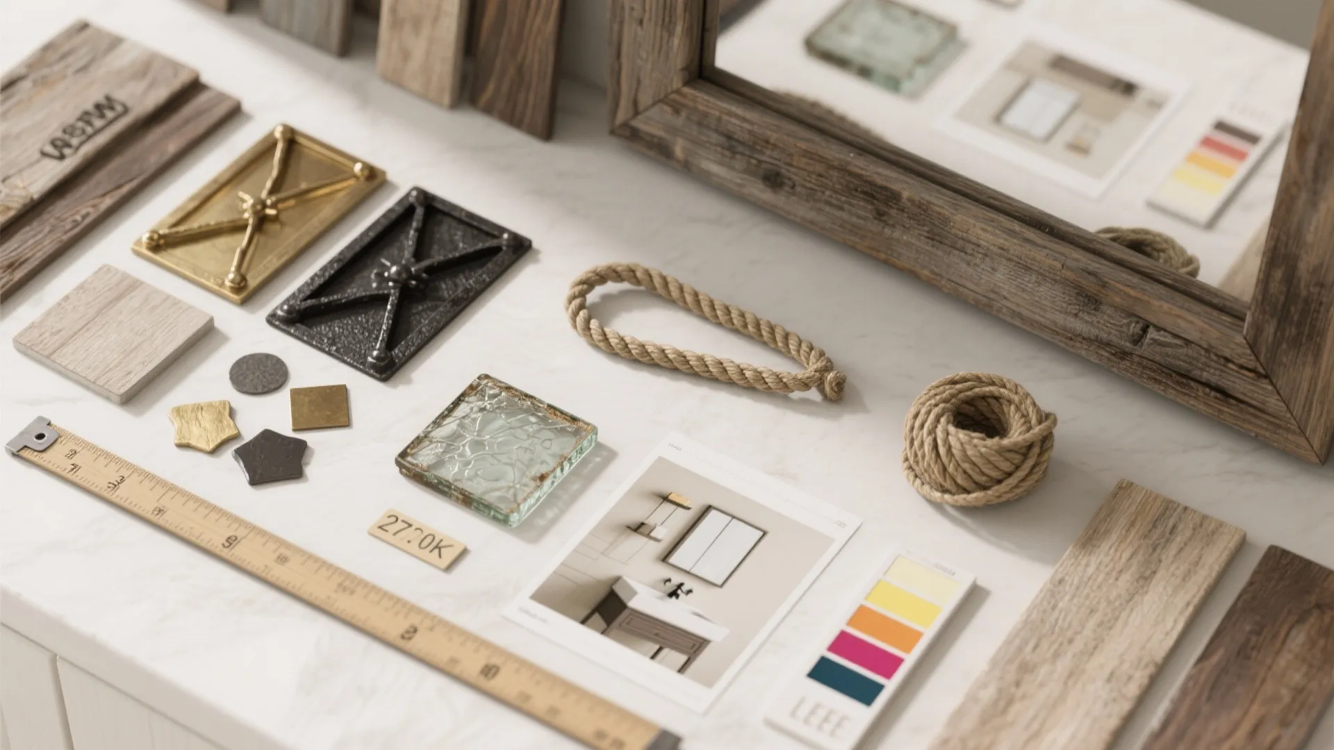 Interior design materials including wood samples metal hardware rope glass tile and bathroom design photo