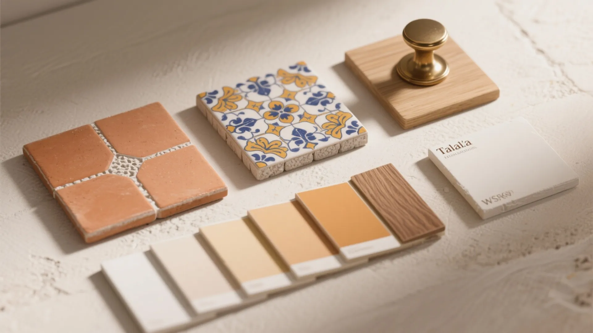 Home interior design material samples with colorful tiles, wooden pieces, paint swatches, and gold handle