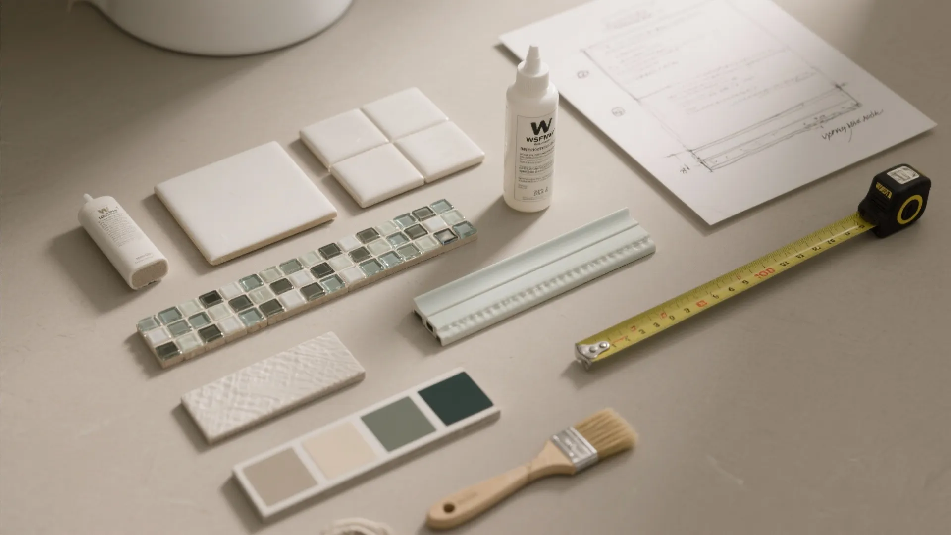 Interior design materials including tiles color swatches brush tape measure and a paper room layout